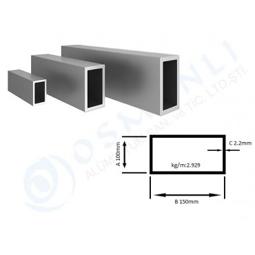 Alüminyum Kutu Profil 100mm  x 150mm Et Kalınlık 2.2mm